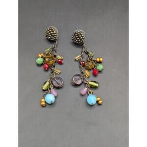 Boho Multi-Color Glass Bead Cluster Dangle Earrings Antique Brass Statement 3.5"